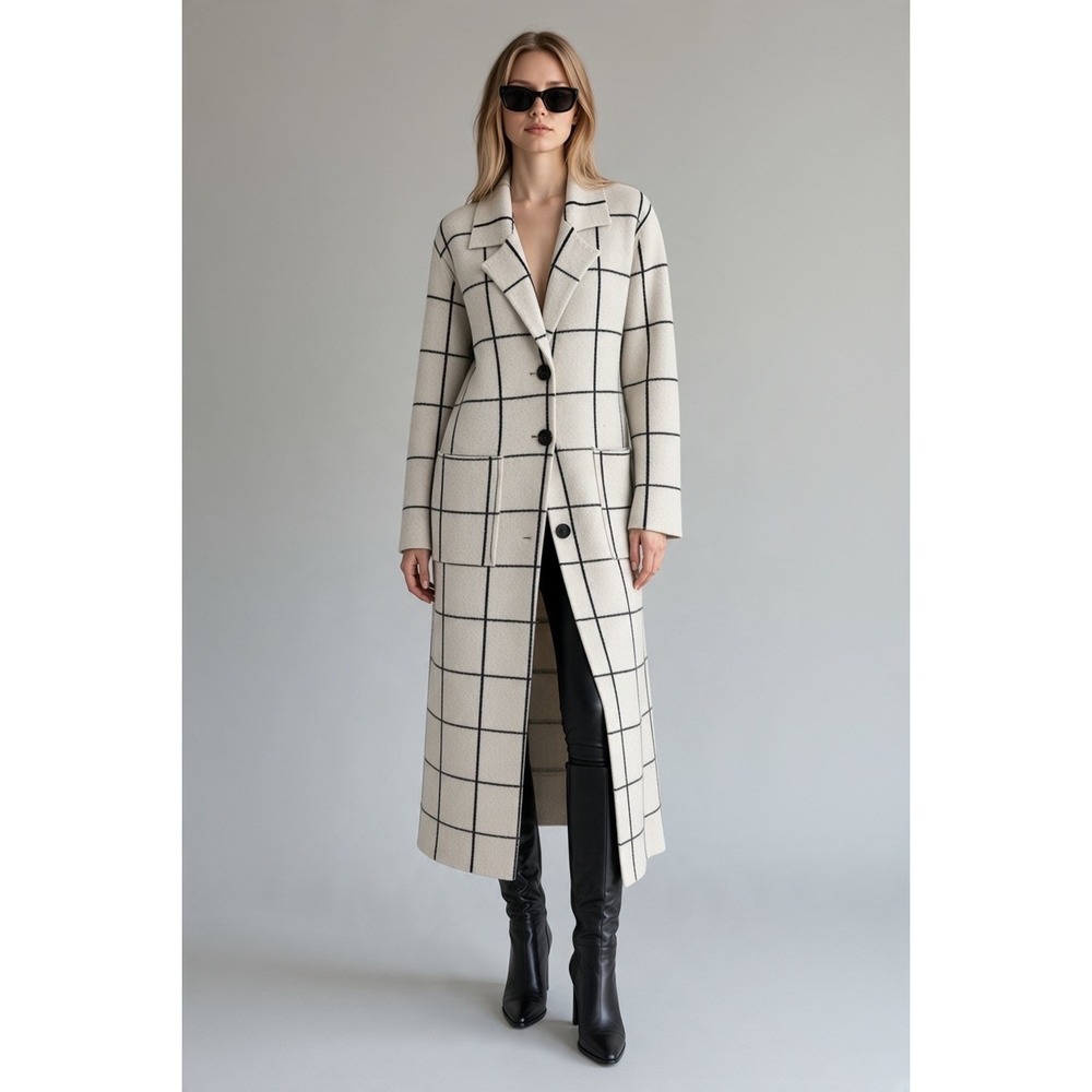 John + Jenn Windowpane Plaid Longline Cardigan Coat Size Large Cream Duster